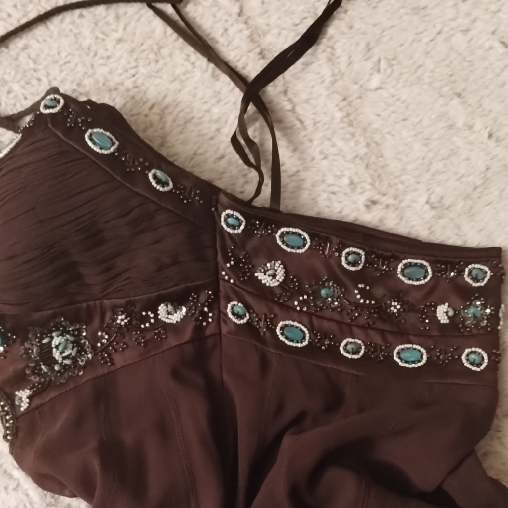 Elegant Brown Sue Wong 100% Silk Halter Dress - Picture 15 of 16
